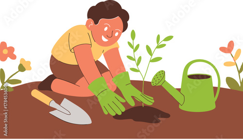 Happy Kid Boy Gardening Planting Tree Seedling in Soil Illustration