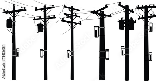 Electric utility poles with power lines, black and white vector illustration, energy infrastructure, communication network, industrial silhouette design