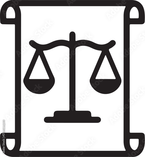 Black and white illustration of scales of justice on a scroll legal on transparent background