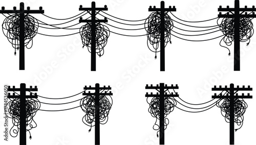 Tangled electric wires on utility poles, messy power line silhouette illustration, black and white vector energy infrastructure chaos design