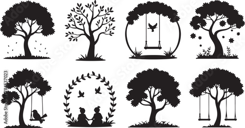 set of tree silhouettes vector illustration black nature forest leaves branches collection design pattern