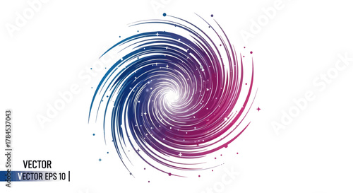 Abstract spiral design with blue, purple, and white gradients, star details, on white background