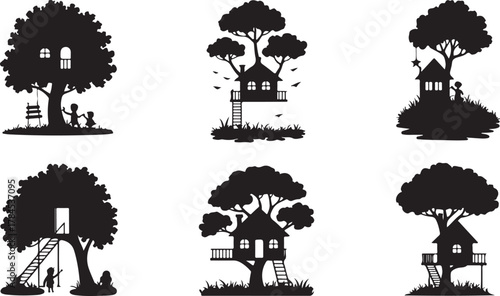 silhouettes of children and people vector illustration with trees and nature background