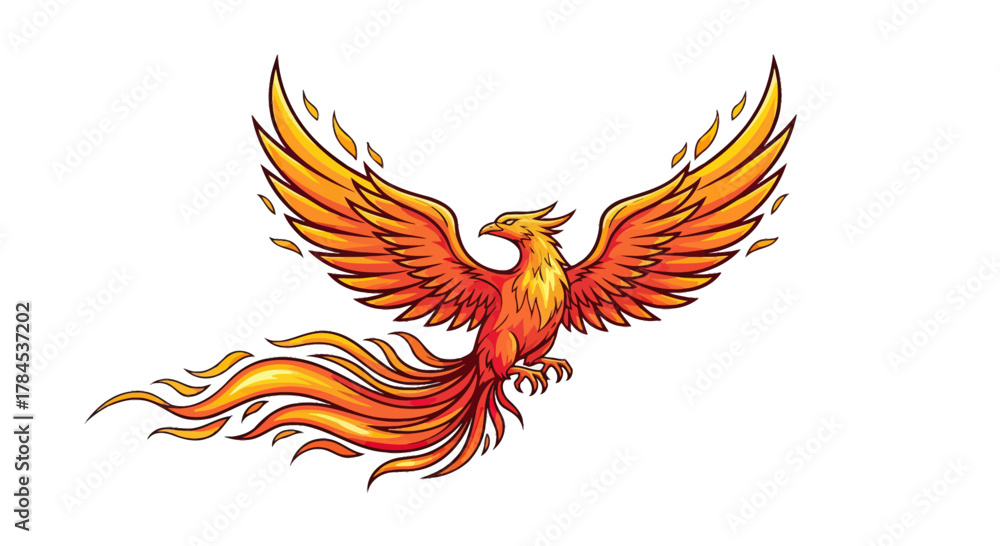 Fototapeta premium Digital illustration of a phoenix bird with fiery wings and tail, white background