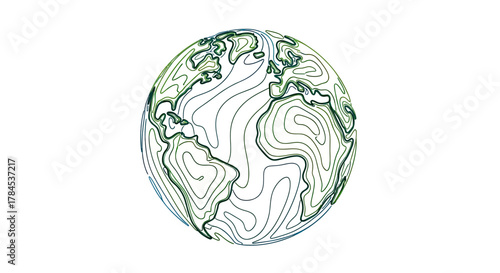 A globe outline with a topographic feel, using shades of green and blue on a white background
