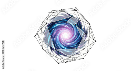 A swirling galaxy within a geometric cage.  White background.  Cosmic and abstract