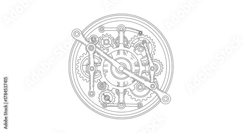 Detailed line art of a clock mechanism, with gears and hands, in grayscale against a white background