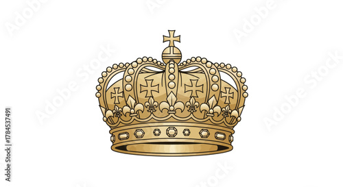 Detailed illustration of a golden crown with jewels and crosses, isolated on white background