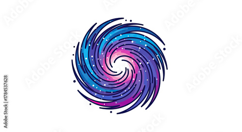 A spiral galaxy illustration with colorful blues, purples, and pinks on a white background