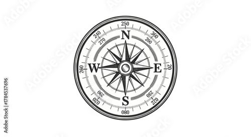 A classic black and white compass with cardinal directions and degree markings on white