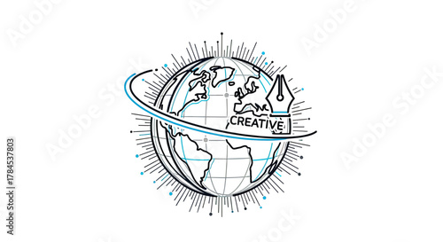 A stylized Earth with an orbit, radiating lines, and a fountain pen signifying creative thought