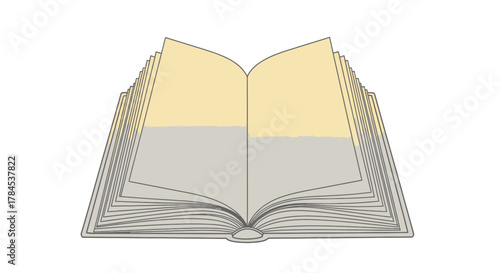 Open illustrated book with two opened pages. Stacked pages are yellow and gray. Simple illustration