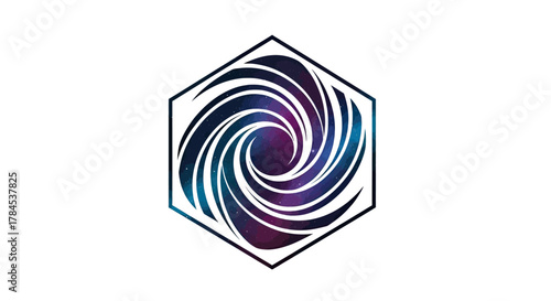 Abstract design Spiral galaxy motif within a hexagon shape with a white background