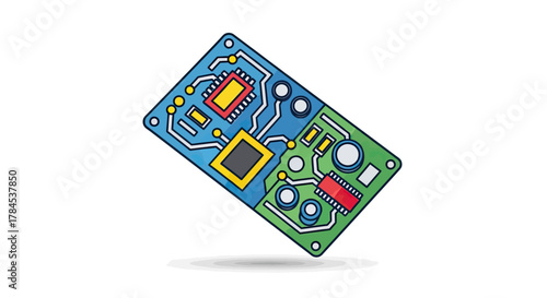 A vibrant, detailed illustration of an electronic circuit board with intricate pathways and components