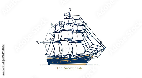 Stylized illustration of a tall ship with multiple sails, compass points, and the name "The Sovereign.