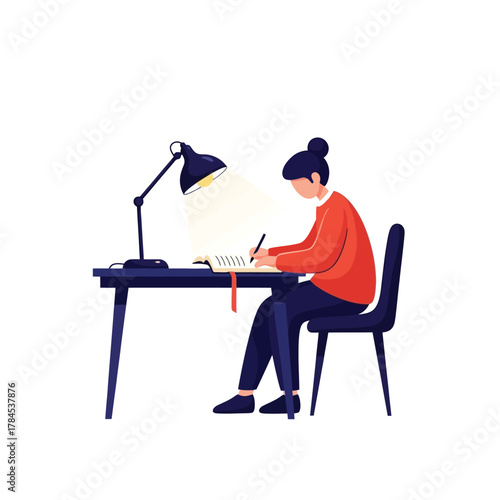Focused student studying late, illuminated by desk lamp, writing in notebook