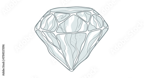 Line art illustration of a diamond, featuring facets and internal reflections in shades of grey