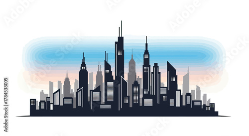 Silhouette of a stylized city skyline with various buildings against a gradient sky