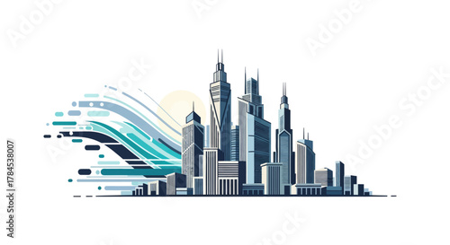 Abstract stylized cityscape with tall buildings, sun, and flowing lines