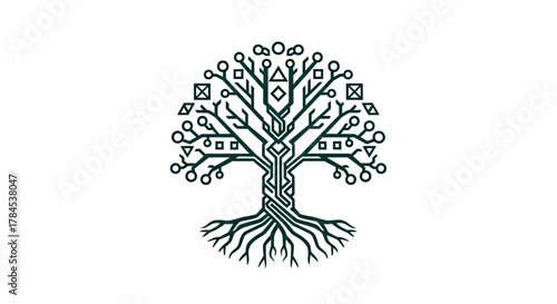 A schematic tree composed of geometric shapes, representing technology and nature fusion