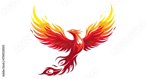 A stylized mythical bird, with wings of fire, soaring upward against a white backdrop