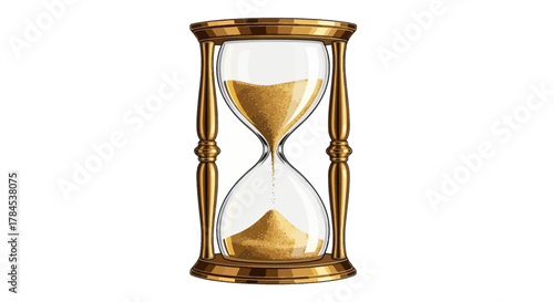 Golden hourglass with sand flowing through a clear glass bulb, on white