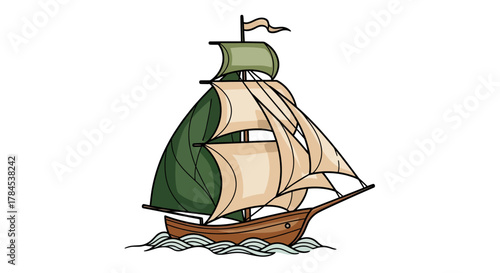 Cartoon ship sailing on waves, featuring green and beige sails with a brown hull
