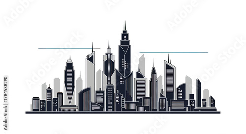 Silhouette of a modern city skyline with stylized buildings and minimalist design