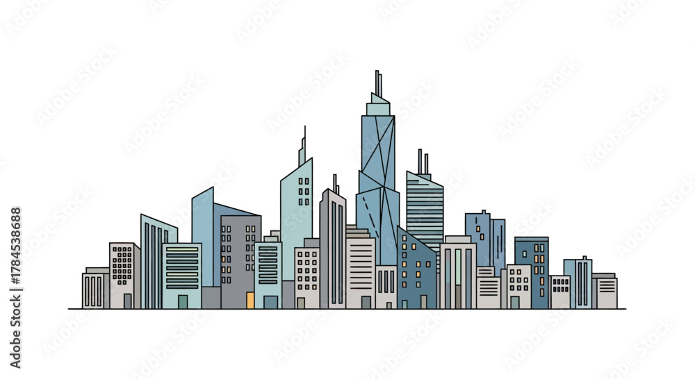 Obraz premium A stylized cityscape in cool colors featuring a variety of building styles