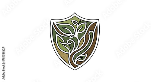 A shield-shaped emblem featuring a stylized plant with leaves and swirling stems