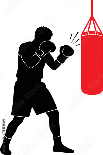 Silhouette of a boxer training with a red punching bag in a gym setting