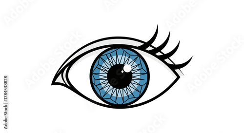 A cartoon eye, detailed with a blue iris and dark lashes, set against a white background