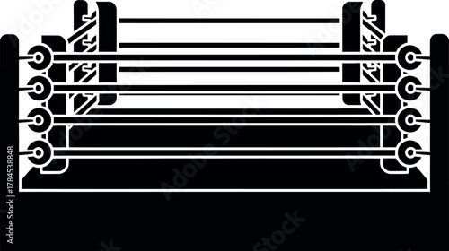 Black and white silhouette of a professional wrestling ring with ropes and corner posts