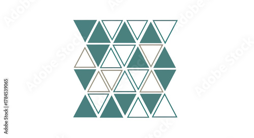 Geometric pattern with triangles of teal, tan, and white on a white background