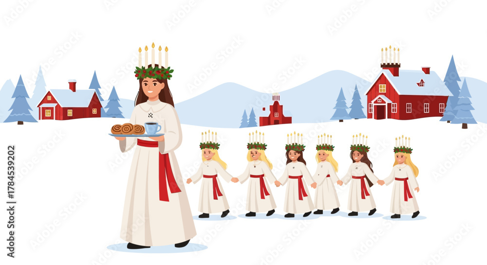 Naklejka premium Saint Lucy's Day procession with Lucia and her maidens in a snowy Swedish village