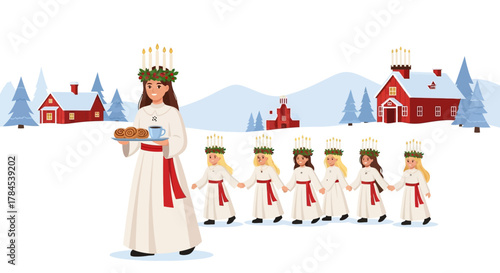 Saint Lucy's Day procession with Lucia and her maidens in a snowy Swedish village