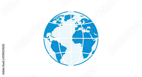 Blue and white globe illustration with continents and meridians