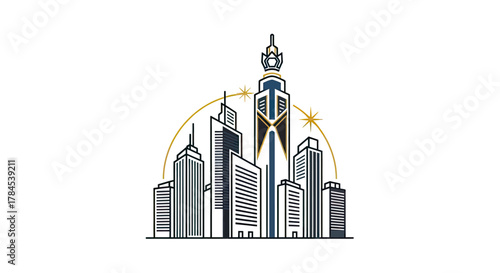 Stylized skyline illustration depicting various buildings with a large, ornate central skyscraper