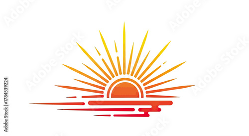 A stylized illustration of a rising sun with rays and a blurred horizon