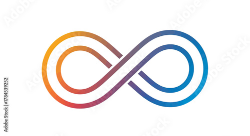 A vibrant, colorful infinity symbol, with a gradient of warm to cool hues, on a white background