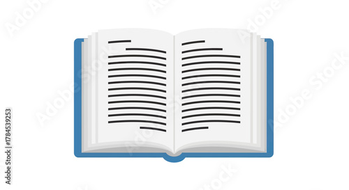 A digitally rendered, open book illustration. Pages are white with black text, bound in a blue cover