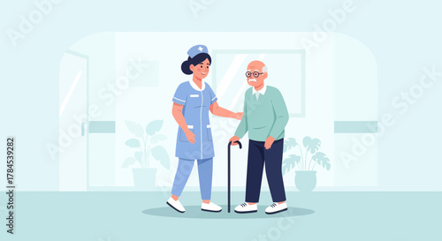 A Nurse Assists an Elderly Gentleman Inside a Healthcare Facility Setting