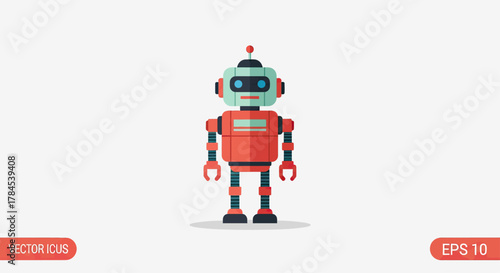 A colorful, cartoon-style robot with red, blue, and teal components, standing centered on white