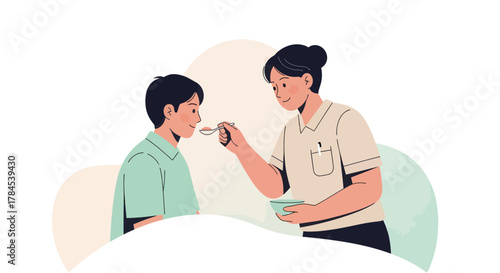 Caring Nourishment Depicted, A Woman Feeds A Young Person with Love and Attention