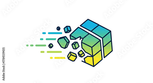 Abstract gradient cube breaking apart, emitting pieces, with speed lines