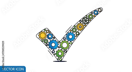 A colorful checkmark icon composed of various gears, signifying completion and approval