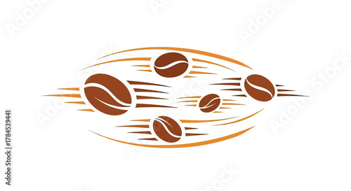 Brown coffee bean graphics with motion lines, forming a central oval shape, on white background
