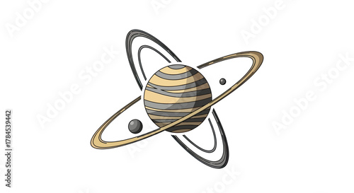 Illustration of a planet with rings and two moons against a white background