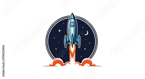 A stylized rocket launches, framed by a starry sky and a crescent moon