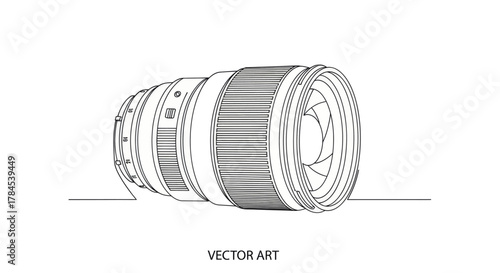 Detailed black and white vector outline of a camera lens